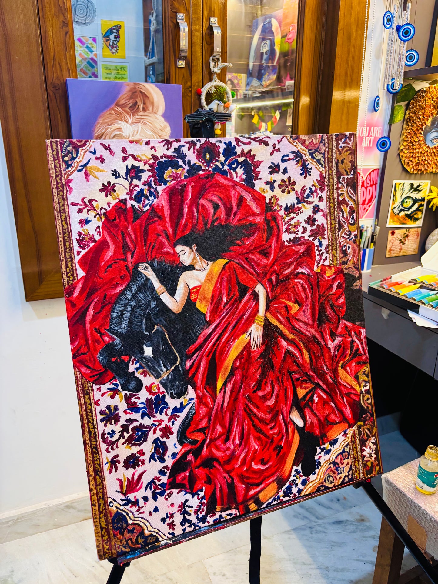 Woman & black horse Painting