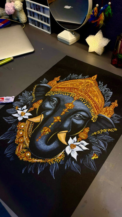 Lord Ganesha Wall Artwork - Black & Gold Handmade Painting