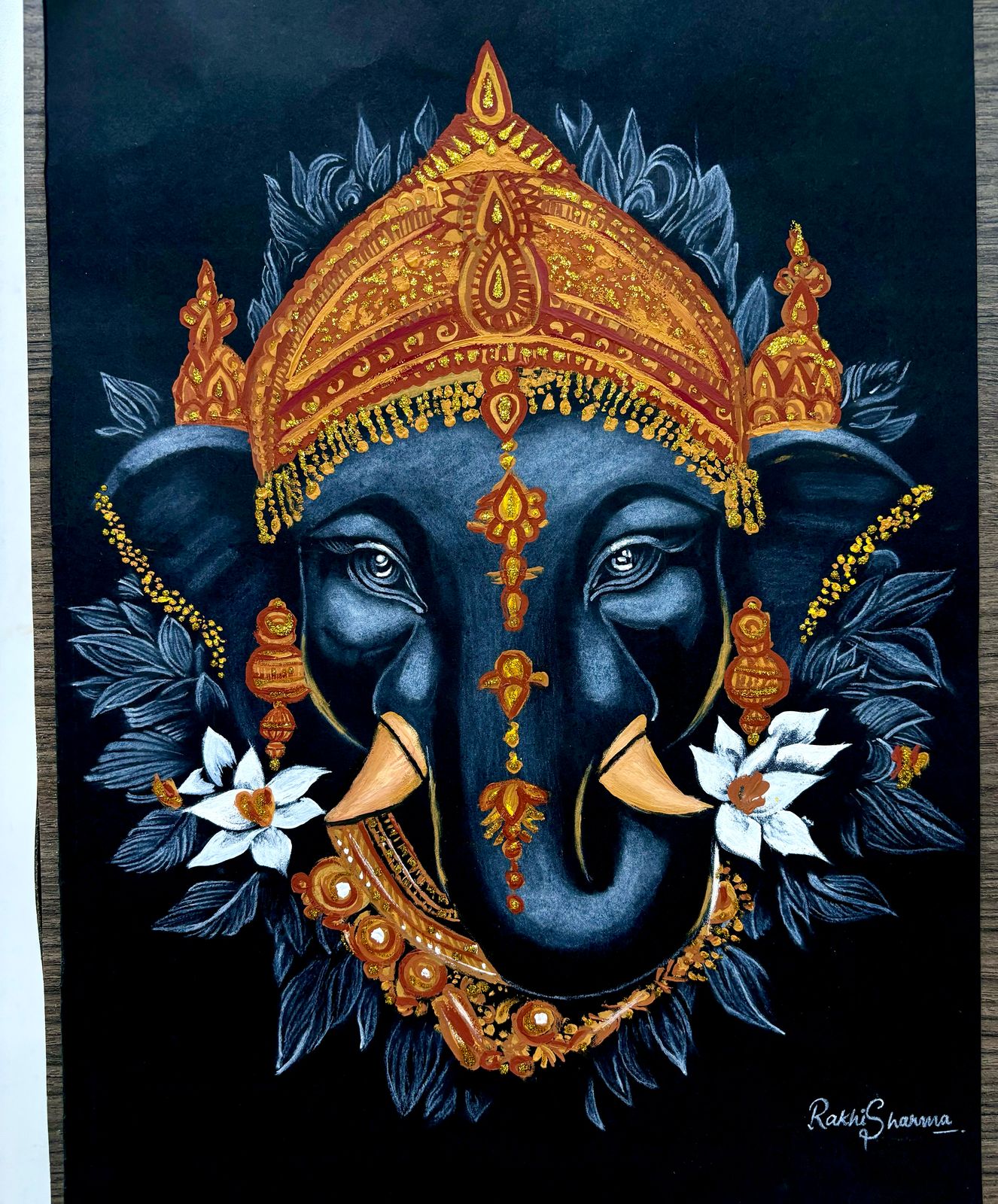 Lord Ganesha Wall Artwork - Black & Gold Handmade Painting