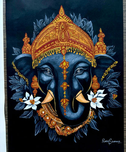 Lord Ganesha Wall Artwork - Black & Gold Handmade Painting