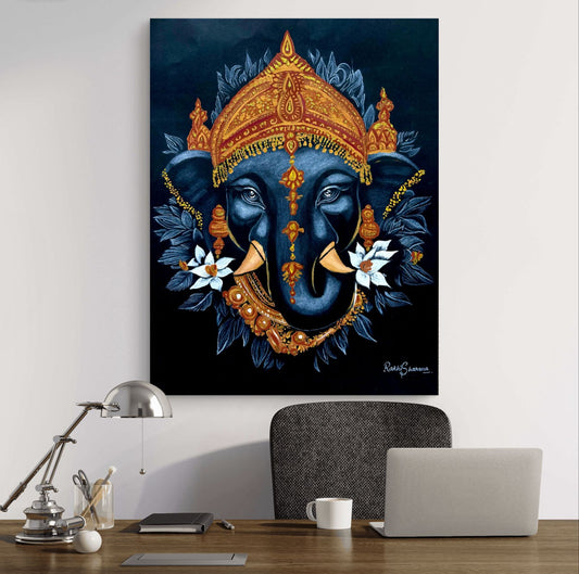 Lord Ganesha Wall Artwork - Black & Gold Handmade Painting