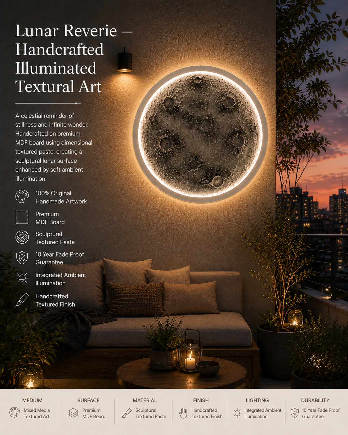 Lunar Reverie - Handcrafted Illuminated Textural Art