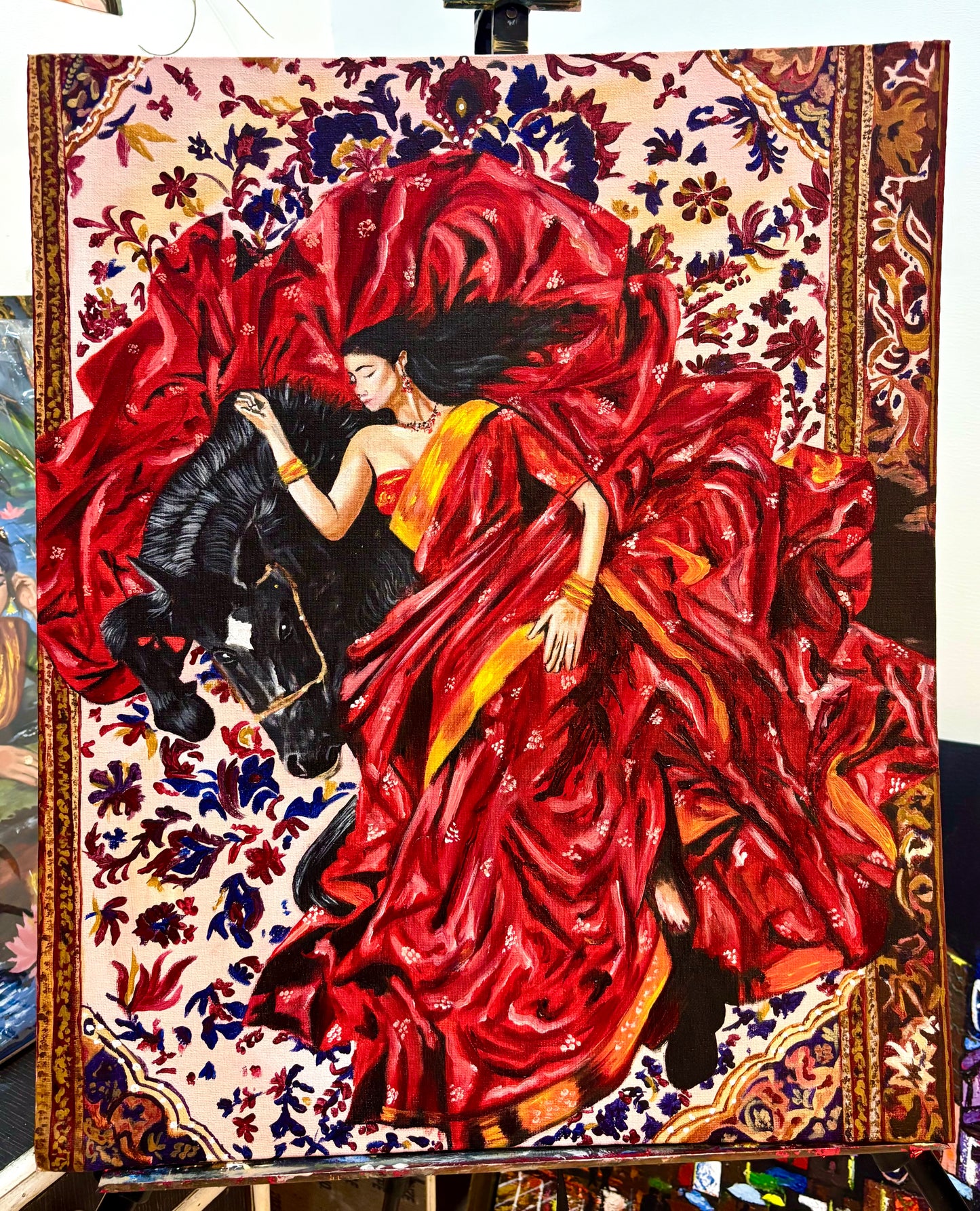 Woman & black horse Painting