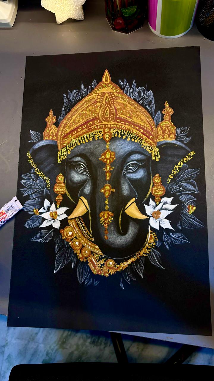 Lord Ganesha Wall Artwork - Black & Gold Handmade Painting