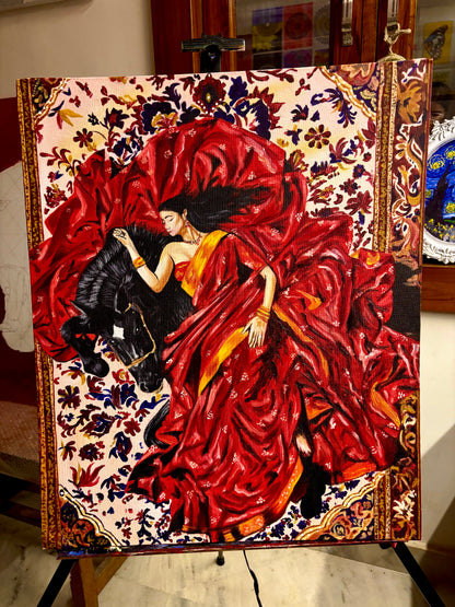 Woman & black horse Painting