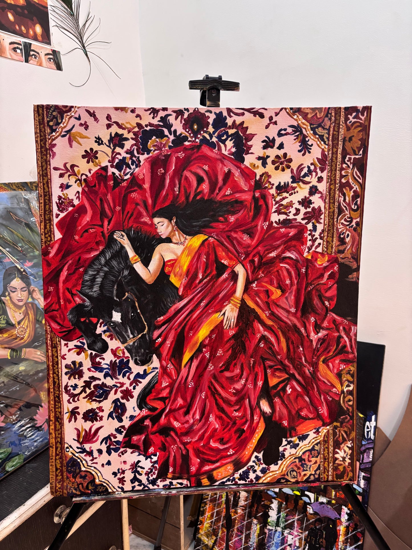 Woman & black horse Painting