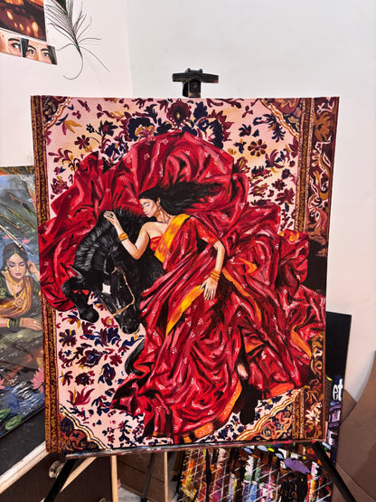 Woman & black horse Painting